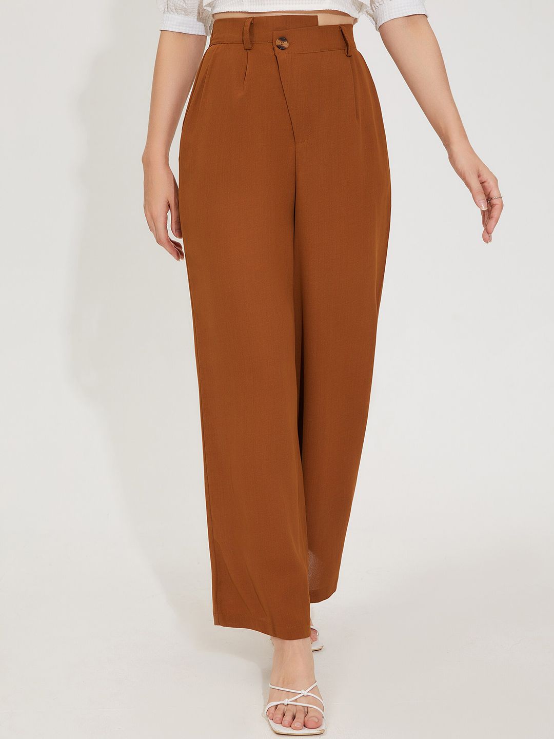 URBANIC Women Coffee Brown Solid Loose Fit High-Rise Wide Leg Trousers Price in India