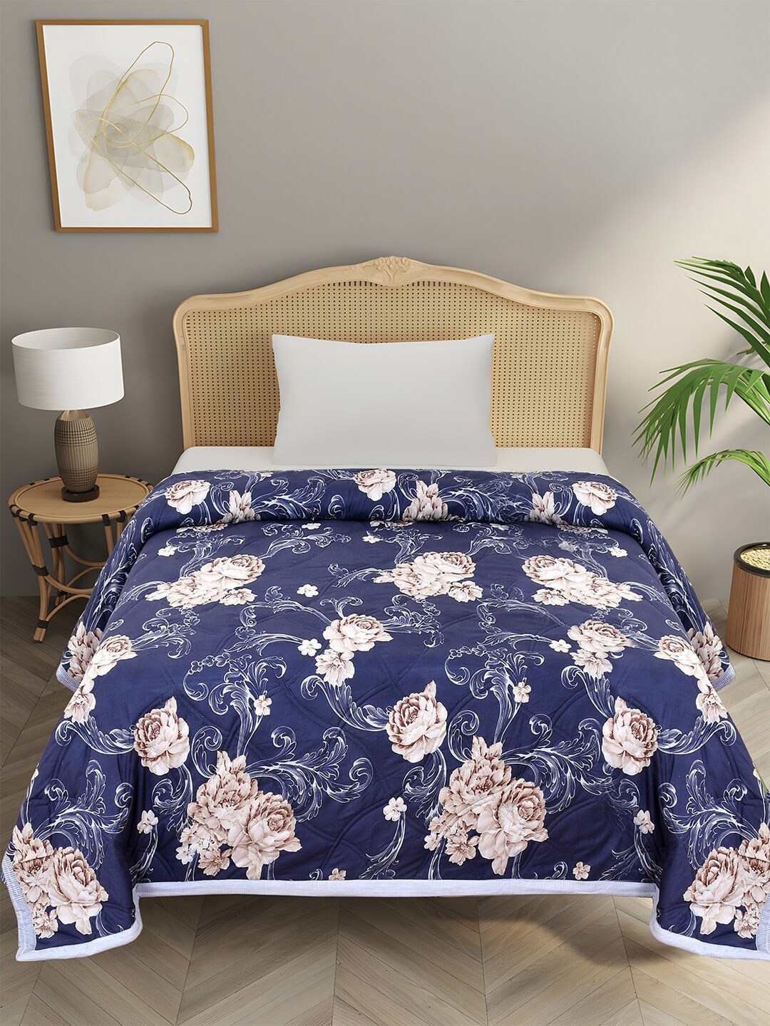 Florida Blue & Brown Floral Microfiber AC Room 120 GSM Reversible Single Bed Comforter Price in India