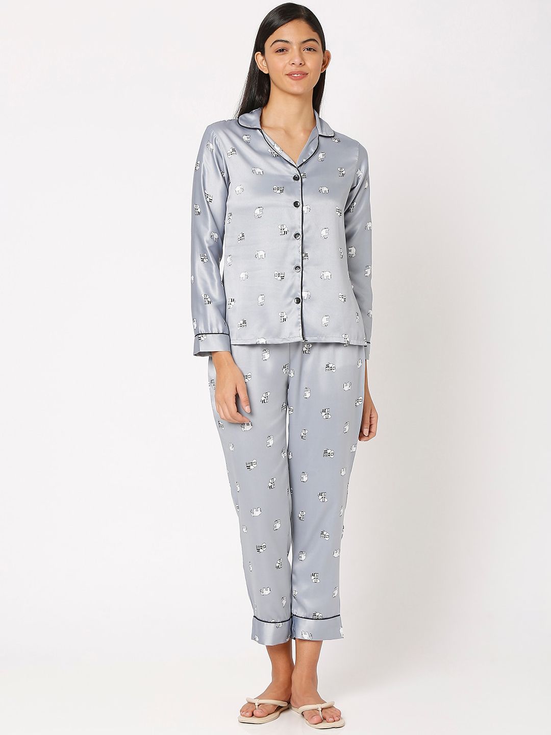 Smarty Pants Women Grey & White Printed Satin Night suit Price in India