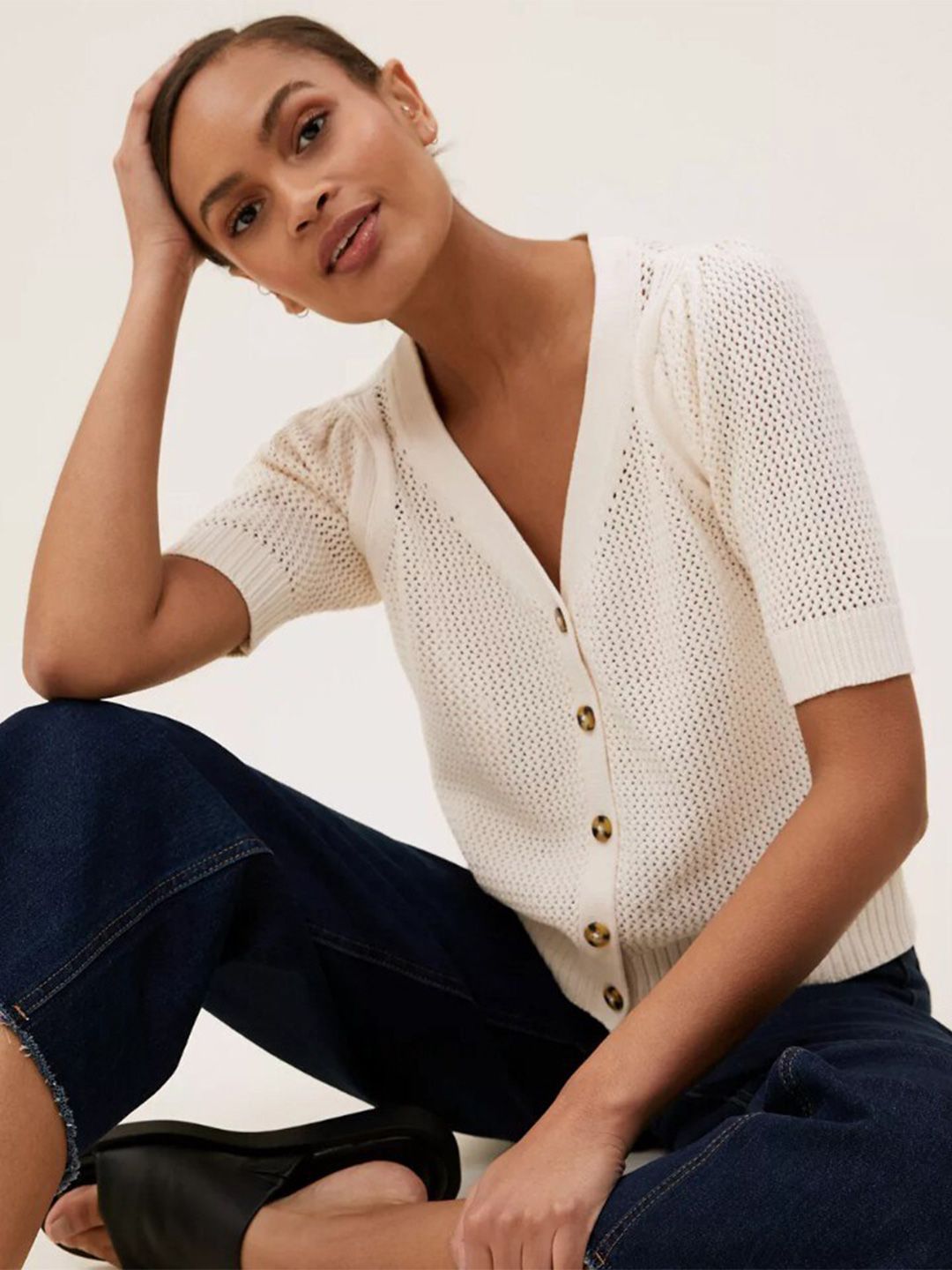 Marks & Spencer Women Cream Cotton Top