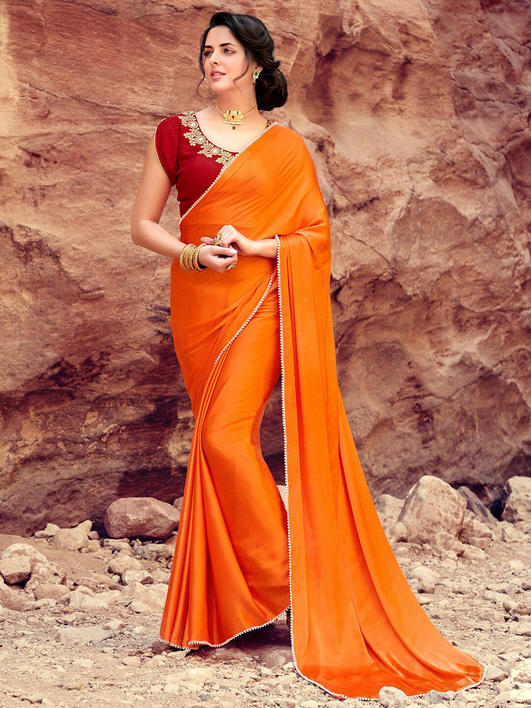 Shaily Orange & Red Beads and Stones Satin Saree