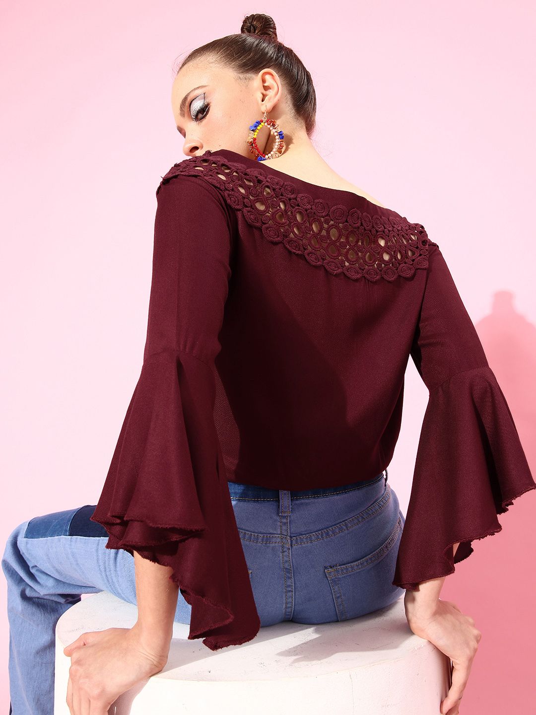 Style Quotient Elegant Maroon Solid Once Upon a Sleeve Top Price in India