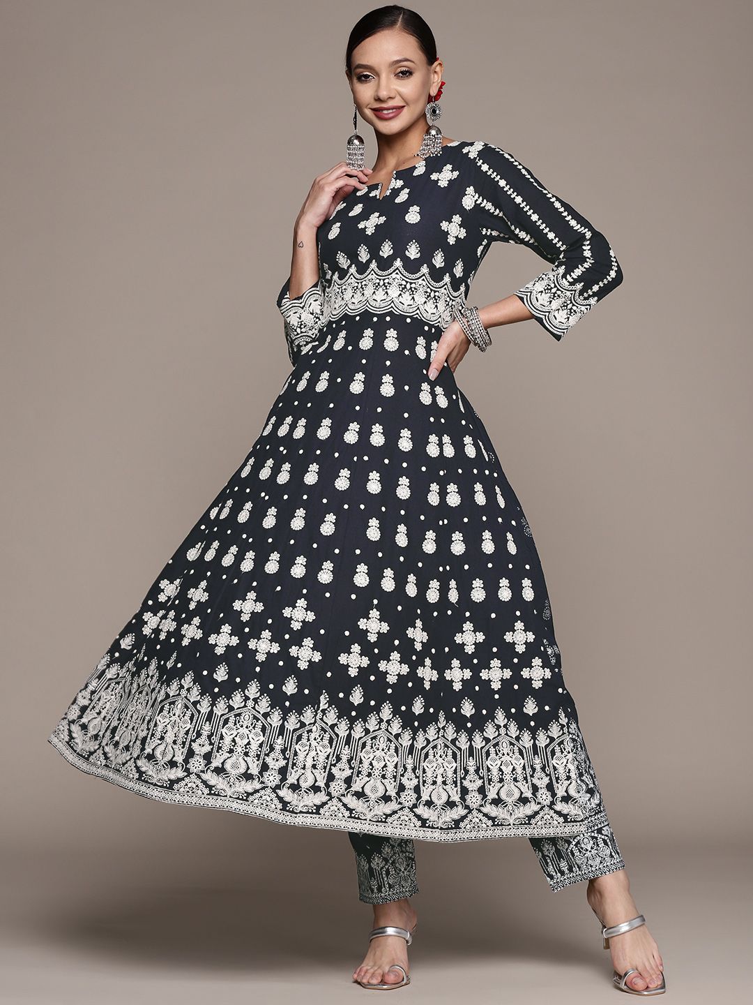 Anubhutee Women Navy Blue Ethnic Motifs Embroidered Thread Work Kurta with Trousers Price in India