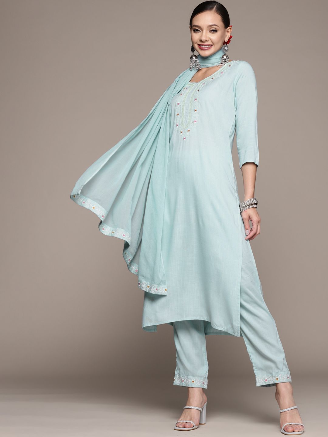 Anubhutee Women Blue Floral Yoke Design Thread Work Pure Cotton Kurta with Trousers & With Dupatta Price in India