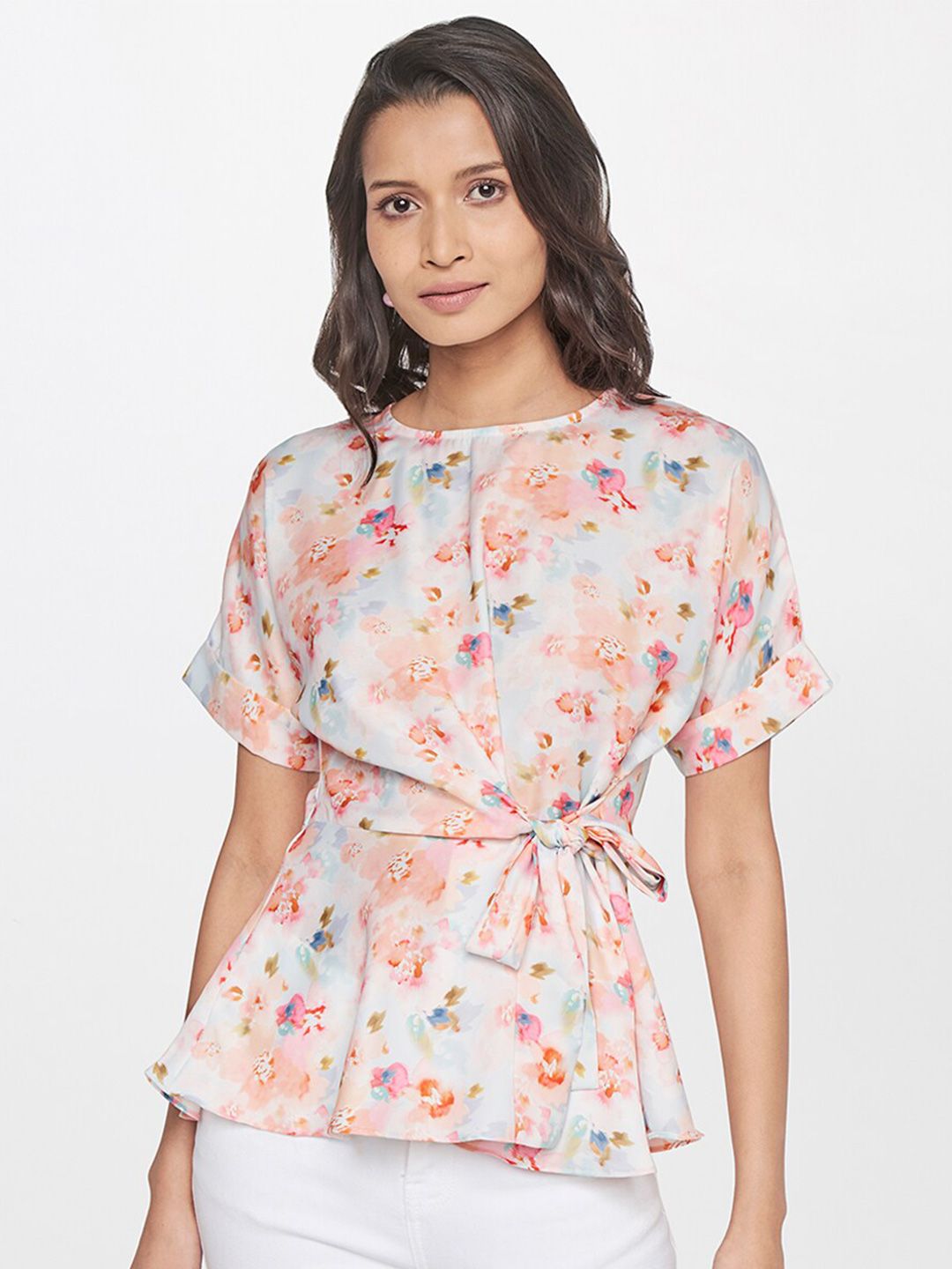 AND Peach-Coloured Floral Print Shirt Style Top Price in India