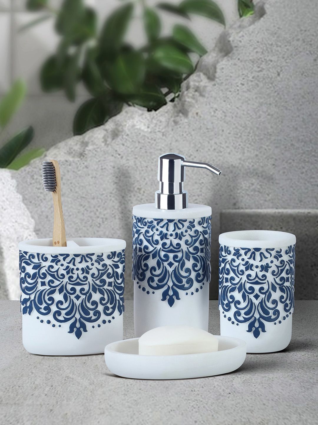 OBSESSIONS Set Of 4 White & Blue Bathroom Accessories Price in India