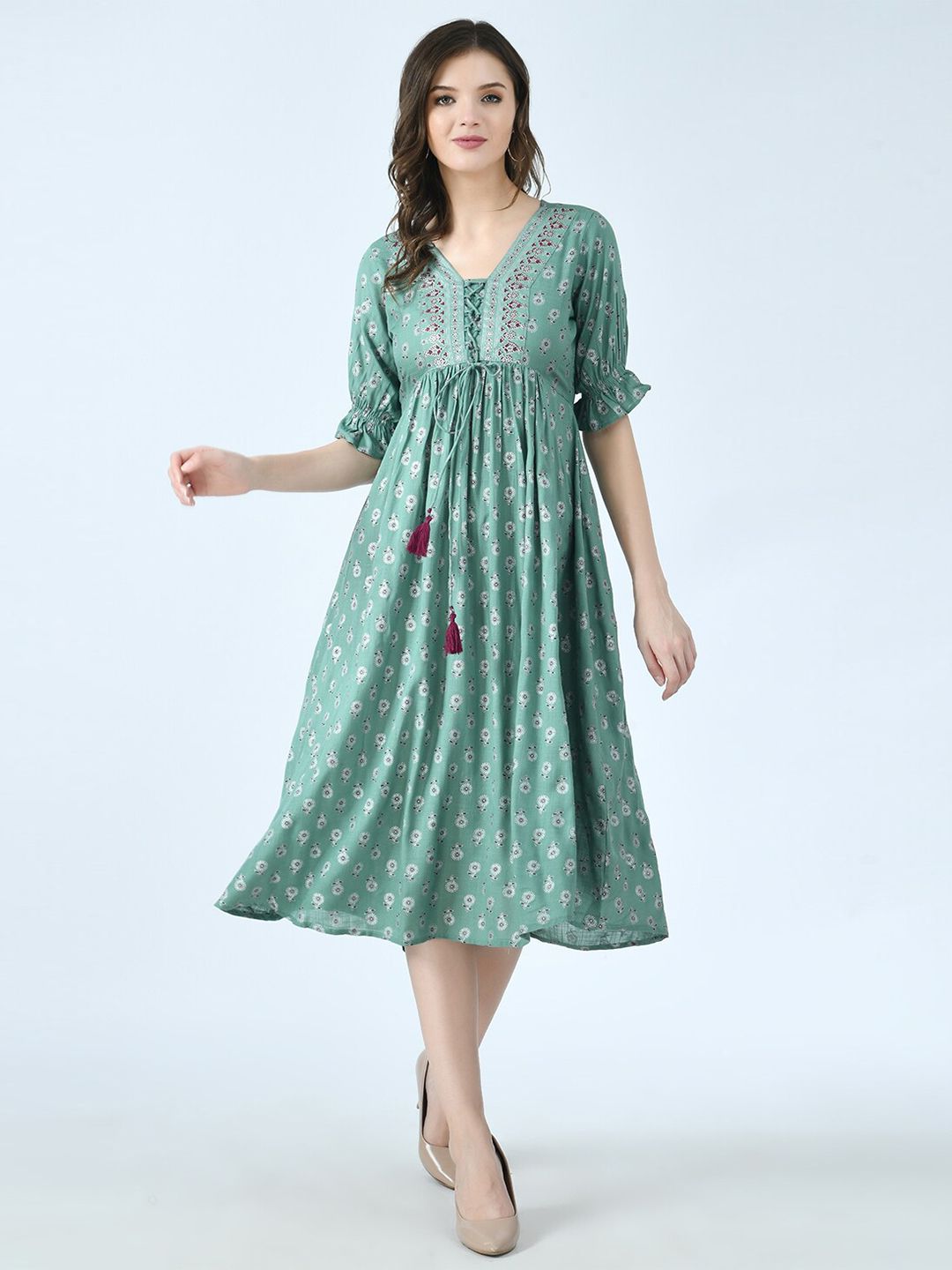 MAFE Olive Green & wintergreen dream Ethnic Motifs Midi Dress Price in India