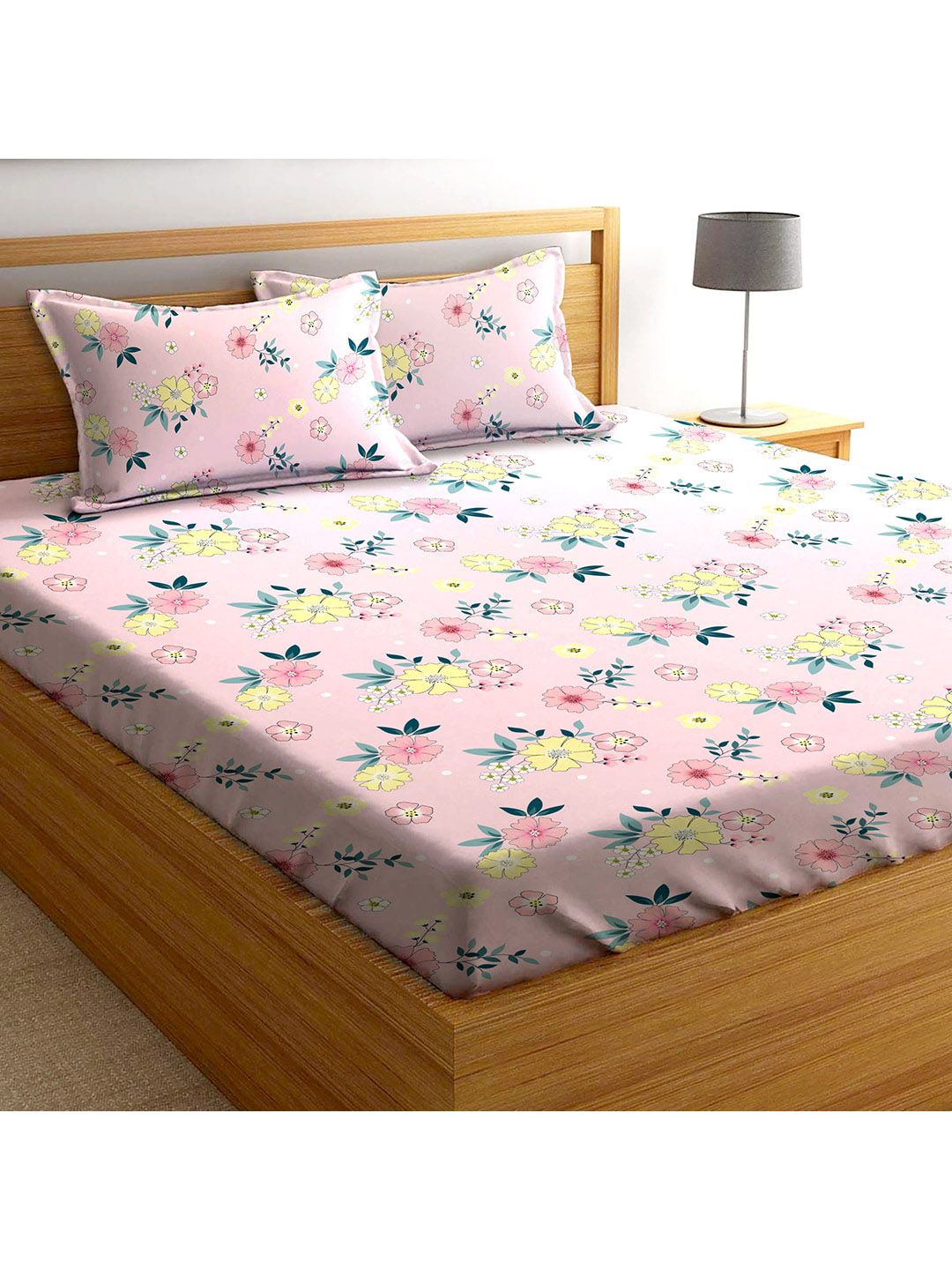 AEROHAVEN Pink & Yellow Floral 210 TC King Bedsheet with 2 Pillow Covers Price in India