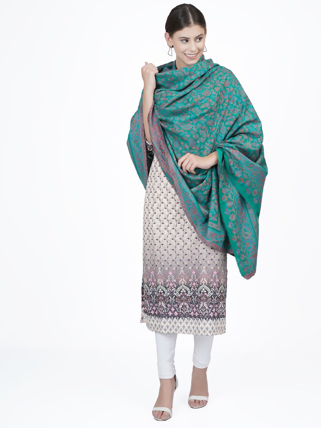 La Vastraa Women Green Printed Pure Wool Shawl Price in India