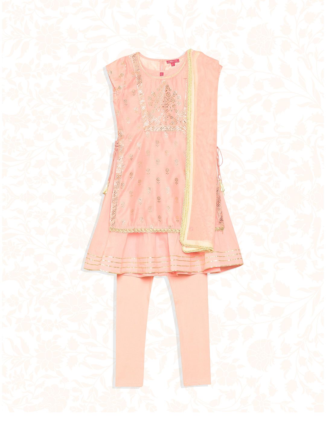 Biba Girls Pink Floral Layered Kurti with Churidar & With Dupatta