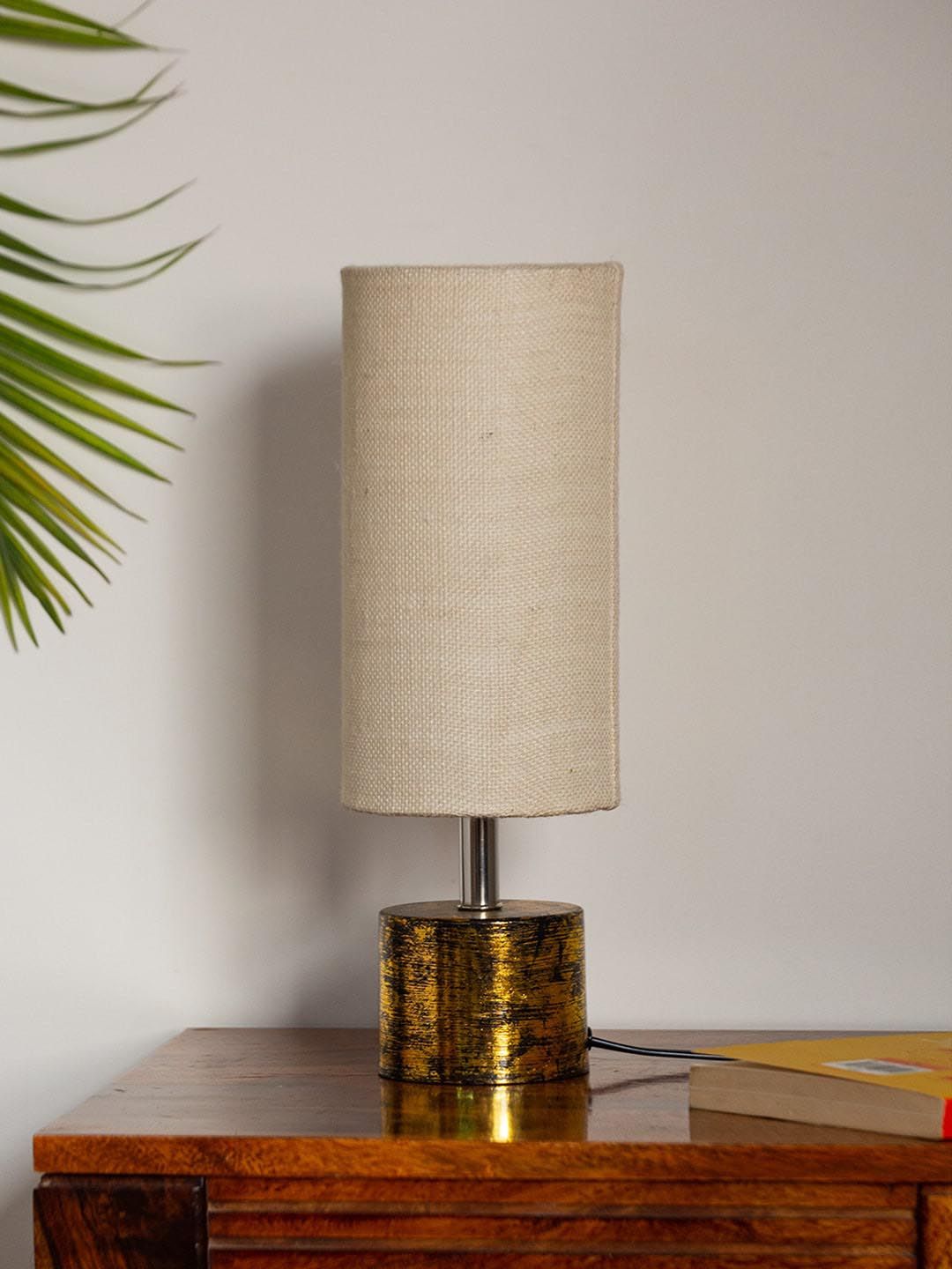ExclusiveLane Gold-Toned & White Royal Pillar Cylindrical Iron Table Lamp Price in India