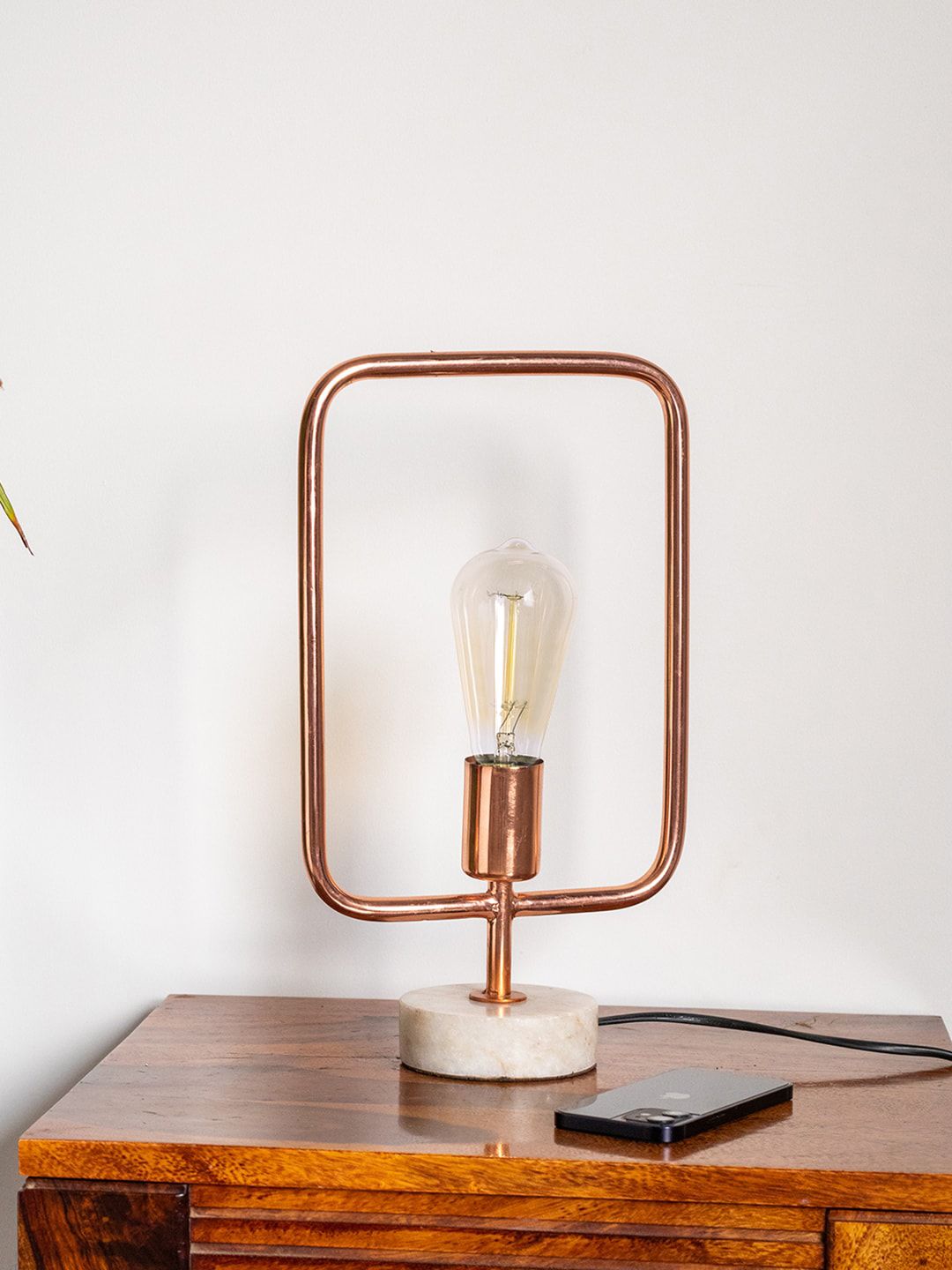 ExclusiveLane Rose Gold Handcrafted Flattened Cuboid Iron Table Lamp With Marble Base Price in India