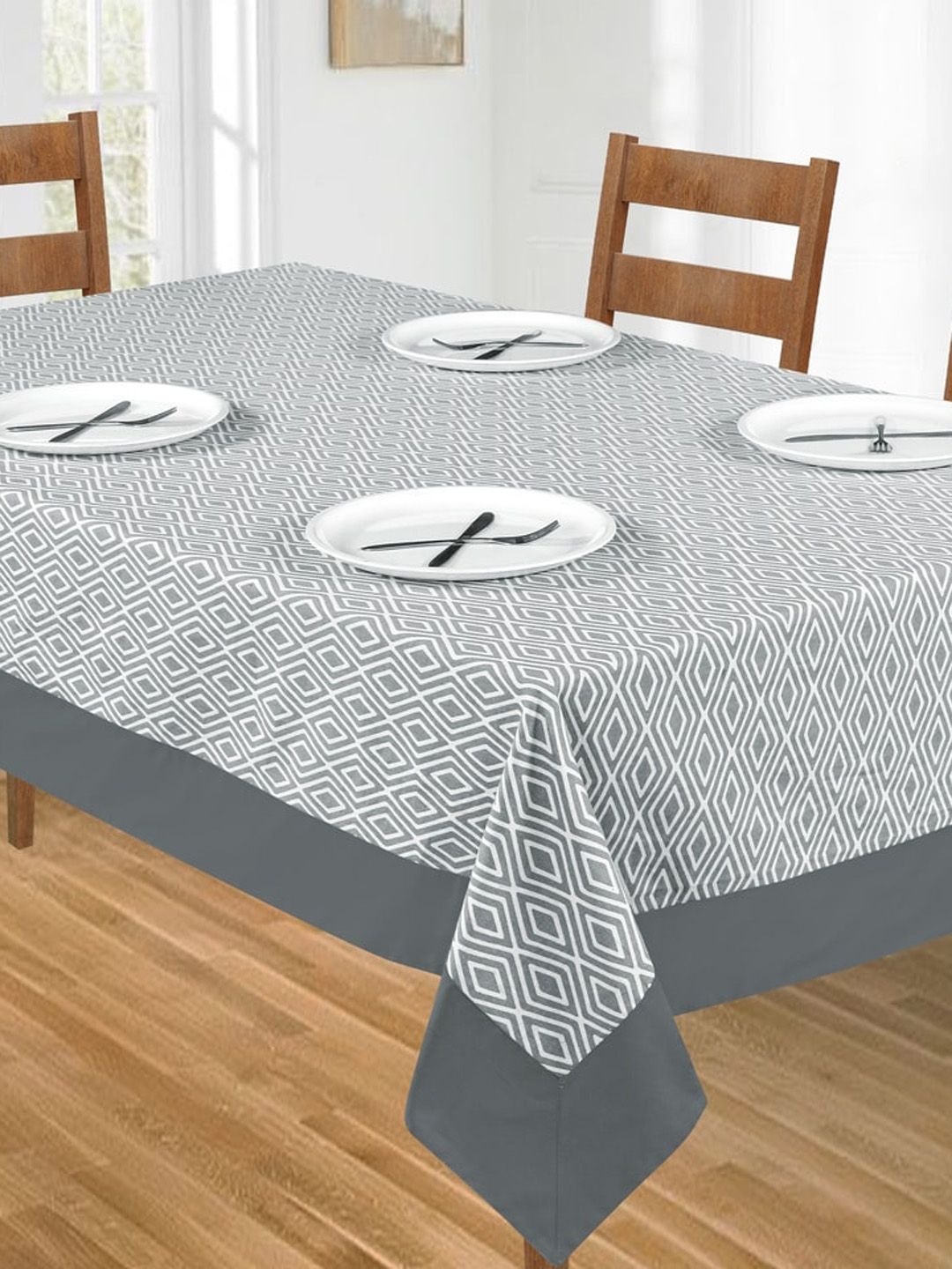 SHADES of LIFE Grey & White Printed 6-Seater Cotton Table Cover Price in India