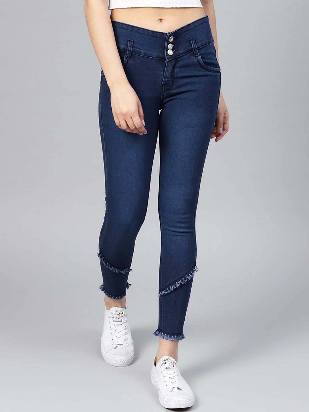 Purple Feather Women Navy Blue Skinny Fit High-Rise Low Distress Light Fade Stretchable Jeans Price in India