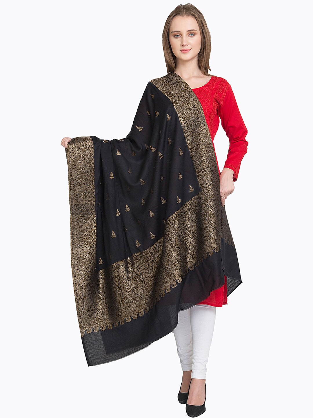 La Vastraa Women Black & Gold Coloured Zari Woven Design Shawl Price in India