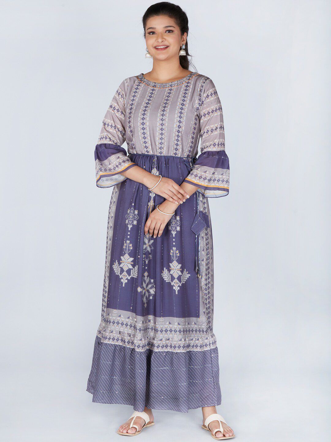 Taruni Blue & Grey Ethnic Motifs Ethnic Maxi Dress Price in India