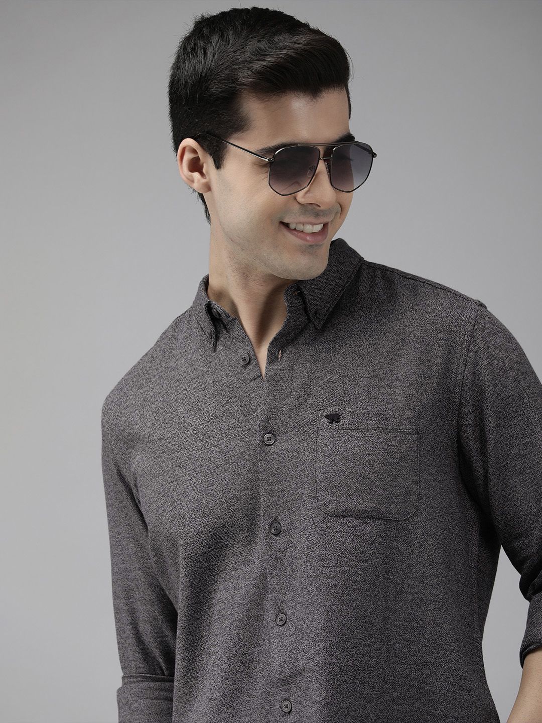 THE BEAR HOUSE Men Charcoal Slim Fit Pure Cotton Casual Shirt