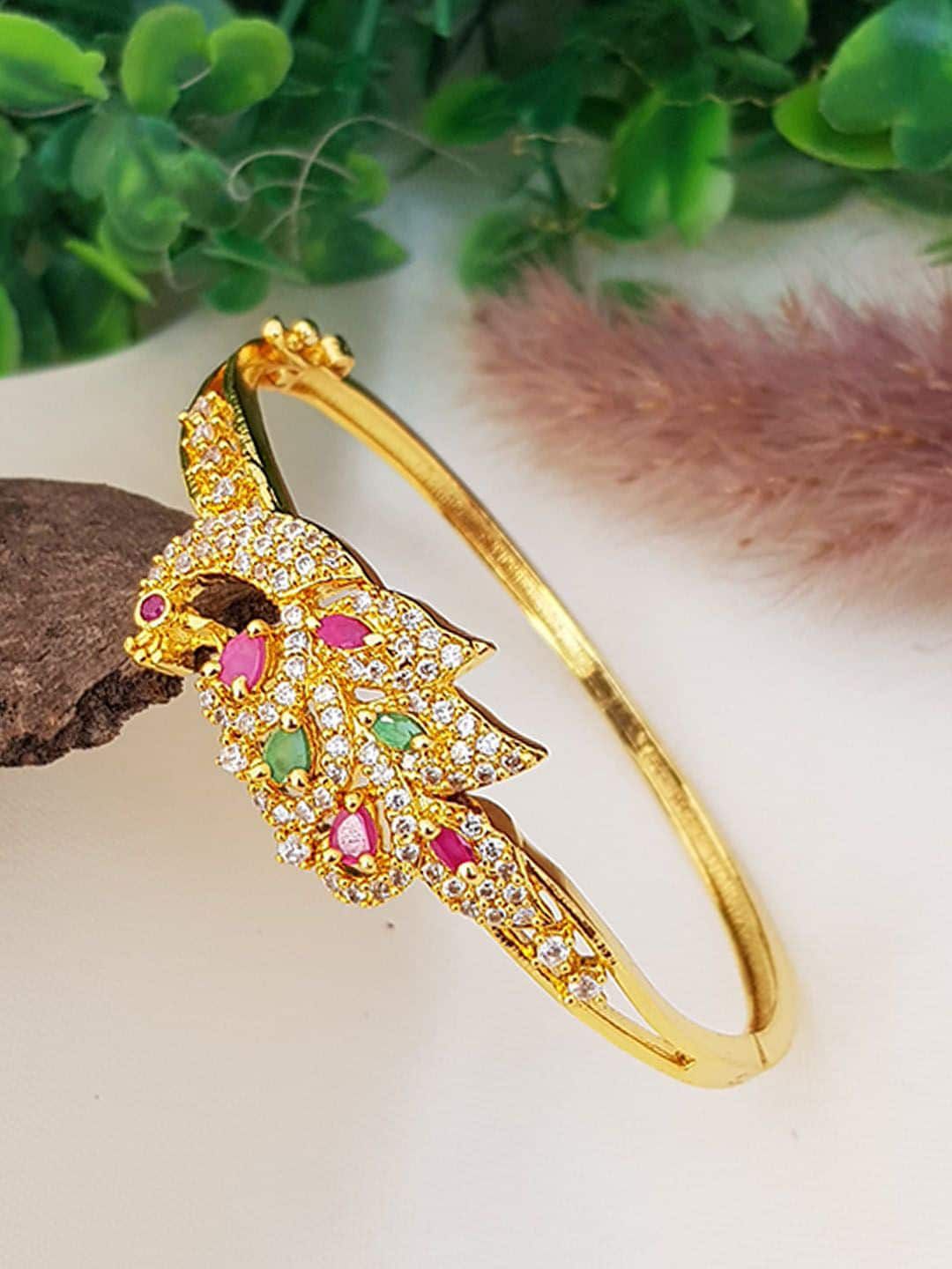 GRIIHAM Women Gold-Toned & Pink Brass American Diamond Gold-Plated Bangle-Style Bracelet Price in India