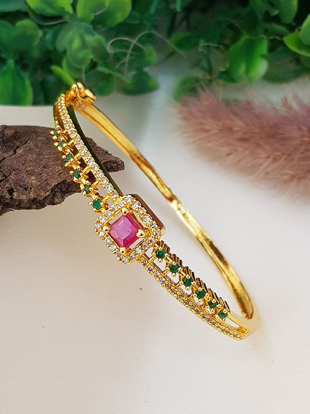 GRIIHAM Women Pink & Green Brass Cubic Zirconia Gold-Plated Kada Bracelet Price in India
