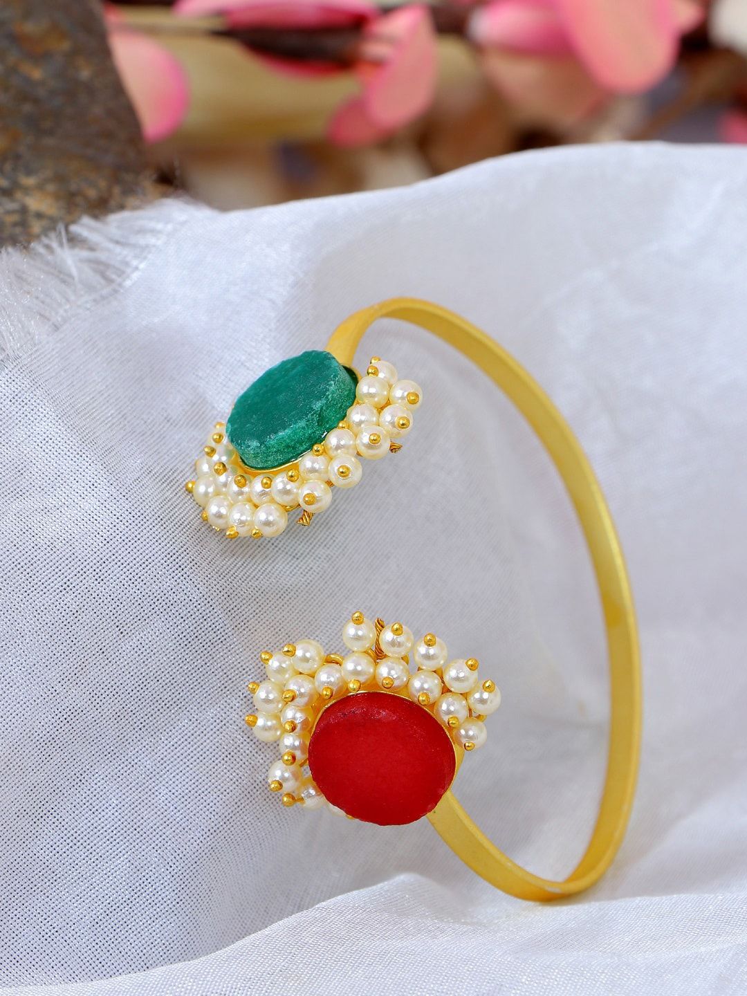 SwaDev Women Gold-Toned & Green Antique Gold-Plated Kada Bracelet Price in India