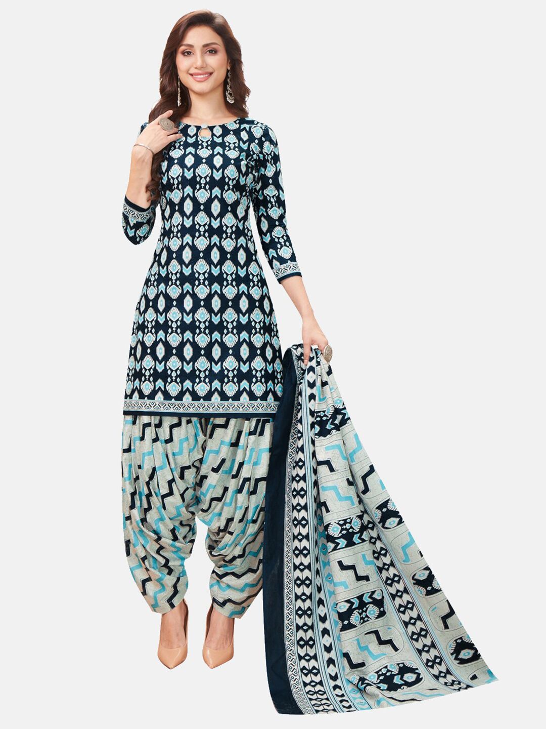 SALWAR STUDIO Blue & White Printed Pure Cotton Unstitched Dress Material Price in India