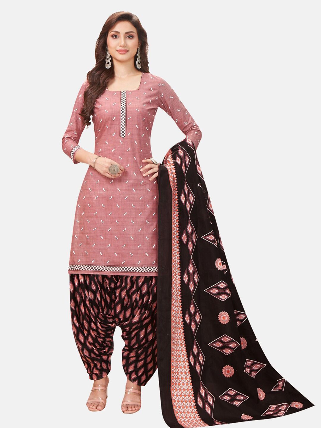 SALWAR STUDIO Pink & Black Printed Pure Cotton Unstitched Dress Material Price in India