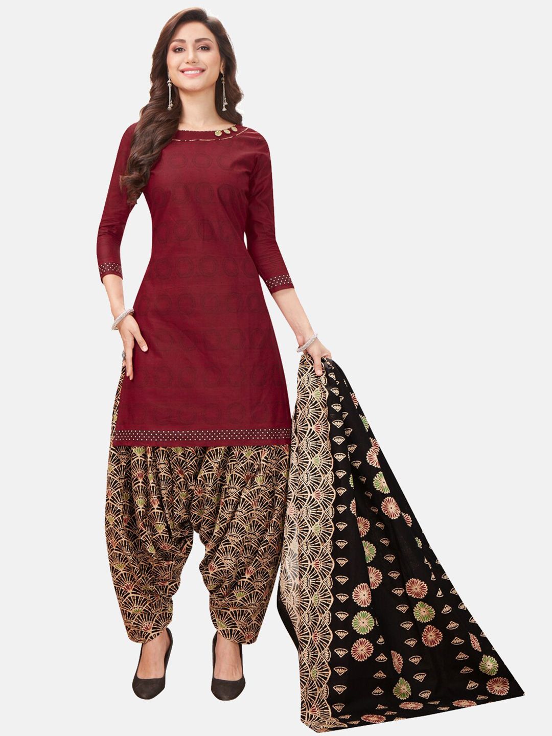 SALWAR STUDIO Maroon & Beige Printed Pure Cotton Unstitched Dress Material Price in India