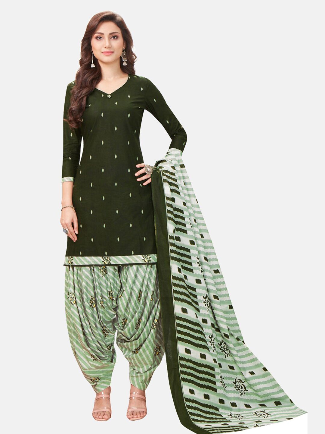 SALWAR STUDIO Green & White Printed Pure Cotton Unstitched Dress Material Price in India