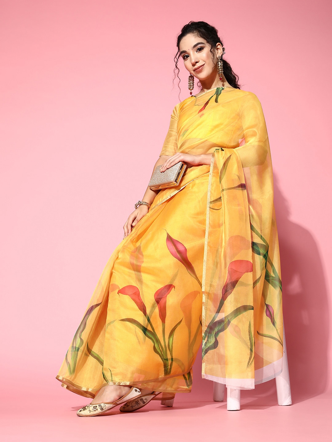 Mitera Yellow Floral Print Organza Tussar Saree Price in India