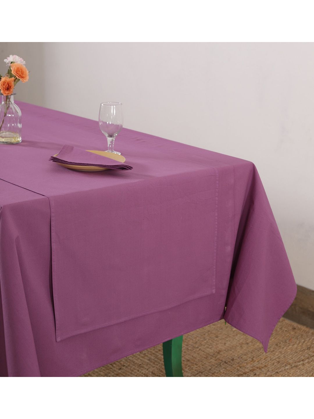 HANDICRAFT PALACE cotton Purple Solid 6 Seater Pure Cotton Table Cover & 6 Piece Napkins Price in India