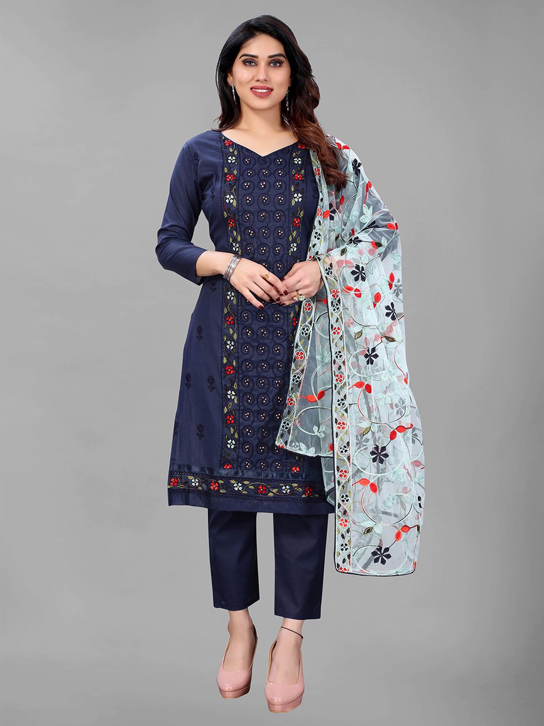 GUNVANTI FAB Navy Blue & White Embroidered Unstitched Dress Material Price in India