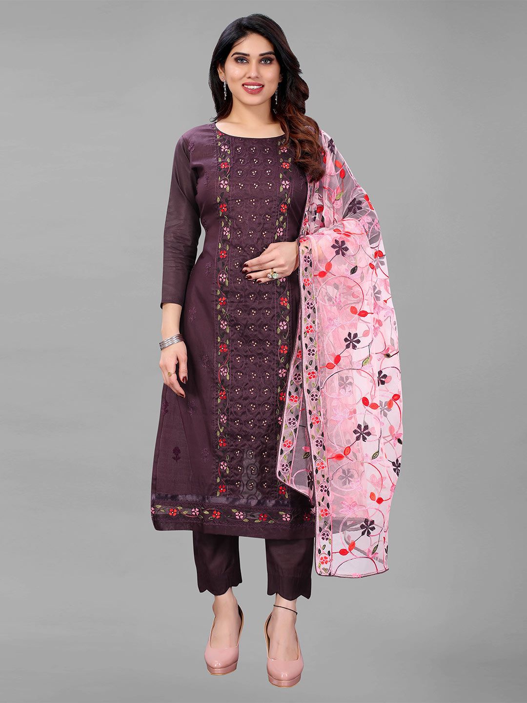 GUNVANTI FAB Purple & Pink Embroidered Unstitched Dress Material Price in India
