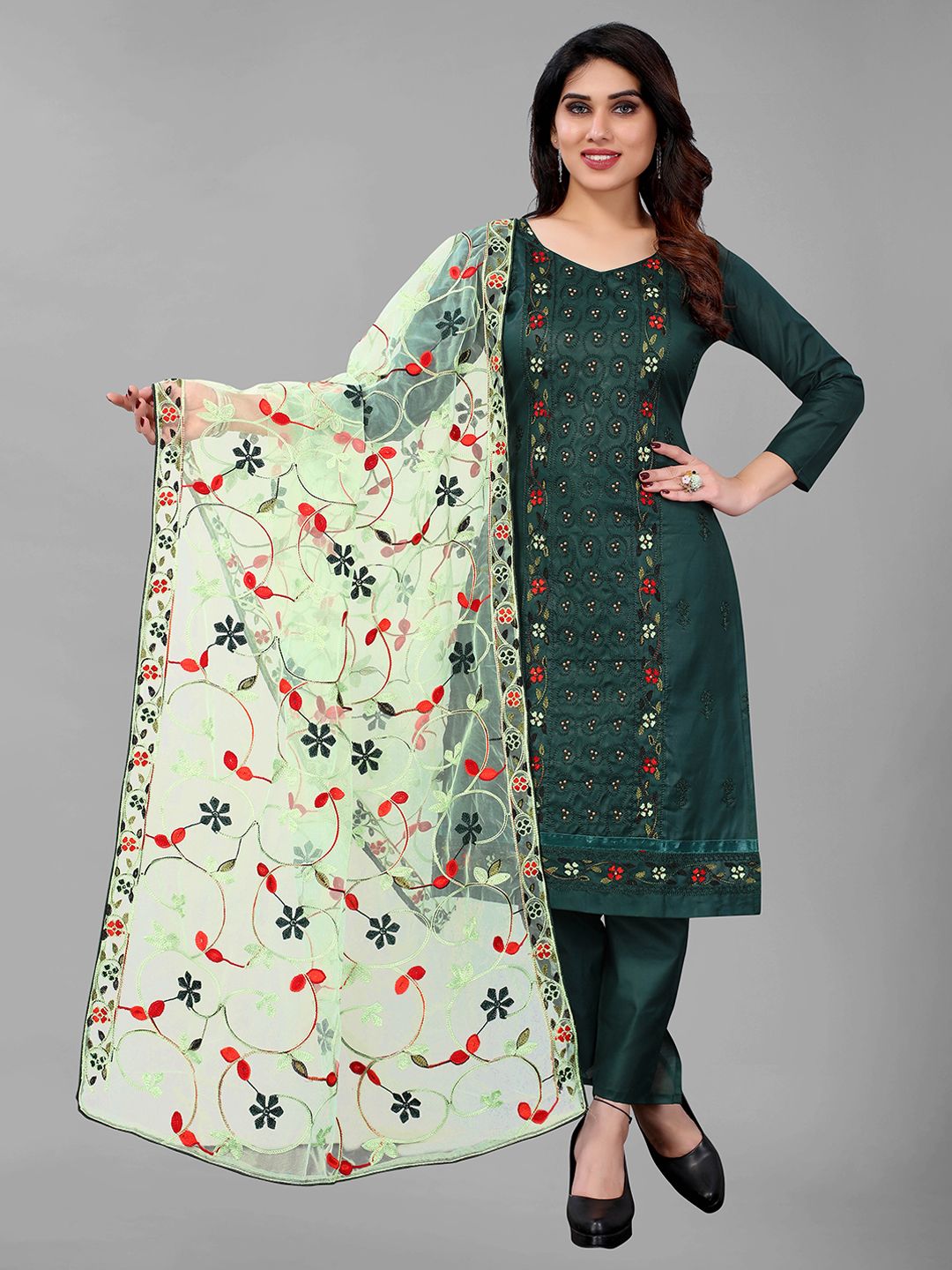 GUNVANTI FAB Green & Red Embroidered Unstitched Dress Material Price in India