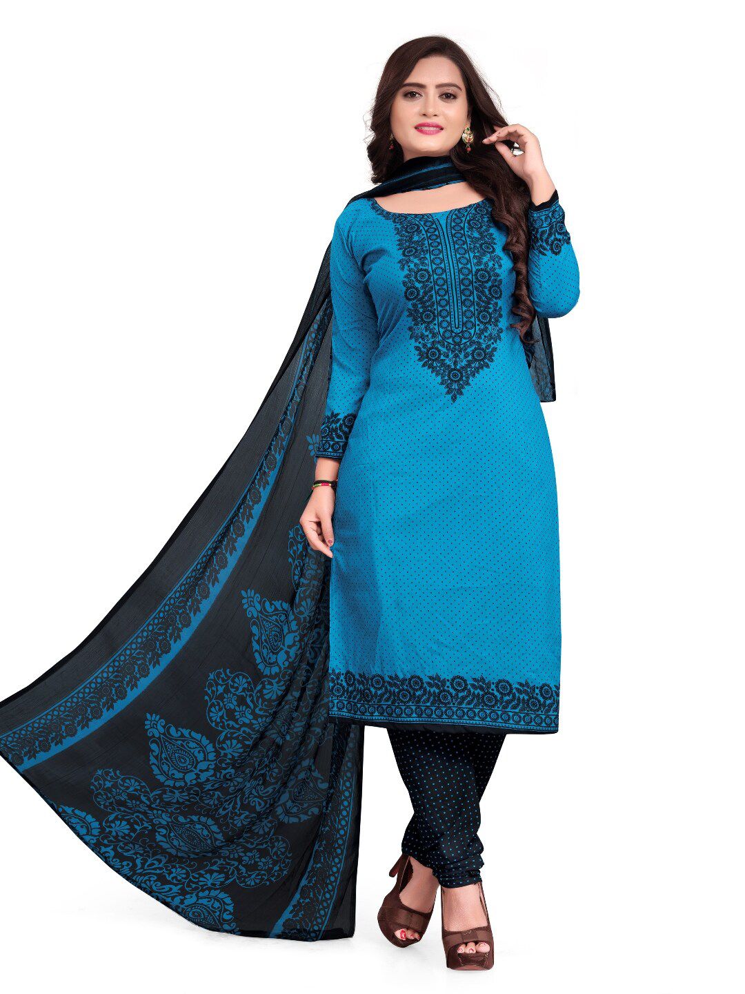 INDIAN HERITAGE Blue & Black Printed Silk Crepe Unstitched Dress Material Price in India