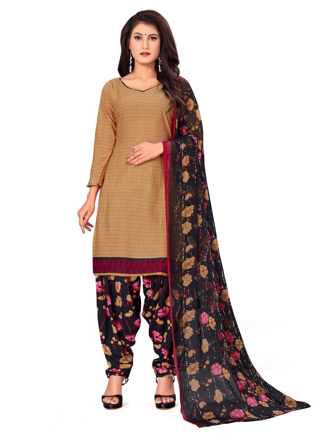 INDIAN HERITAGE Khaki & Black Printed Silk Crepe Unstitched Dress Material Price in India