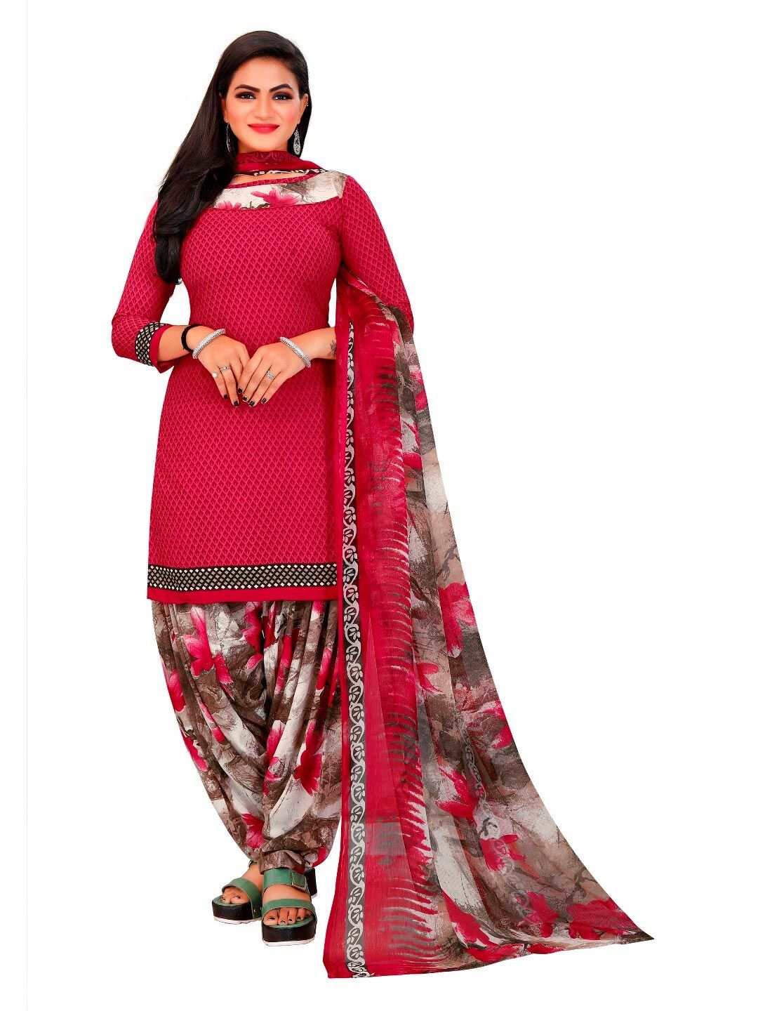 INDIAN HERITAGE Maroon & Brown Printed Silk Crepe Unstitched Dress Material Price in India