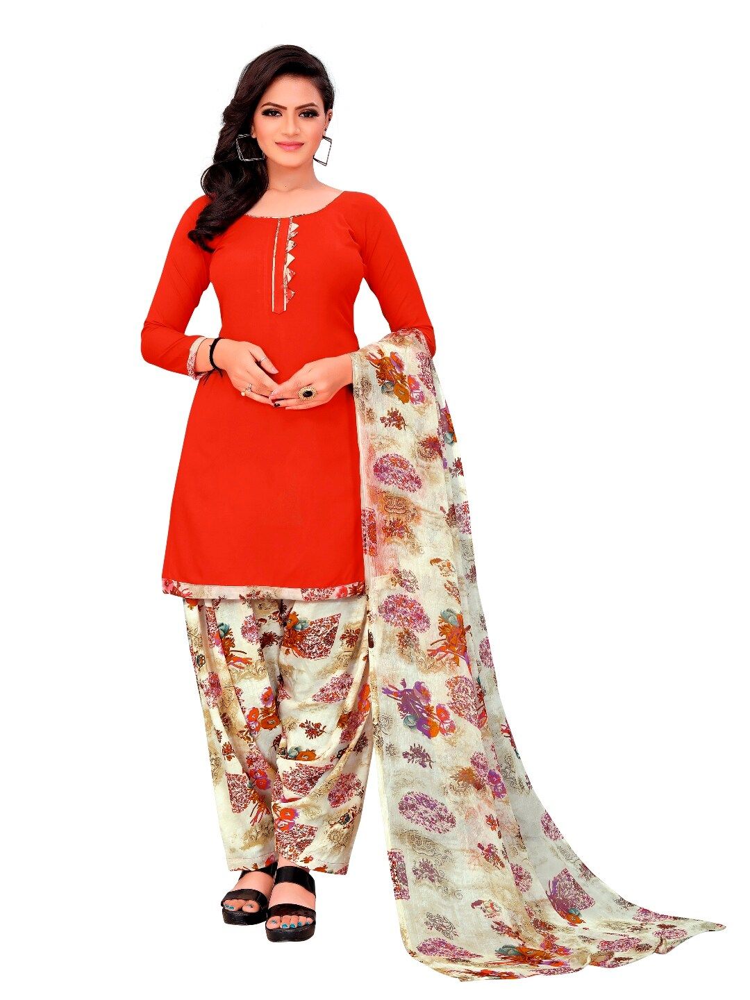 INDIAN HERITAGE Red & Purple Printed Silk Crepe Unstitched Dress Material Price in India