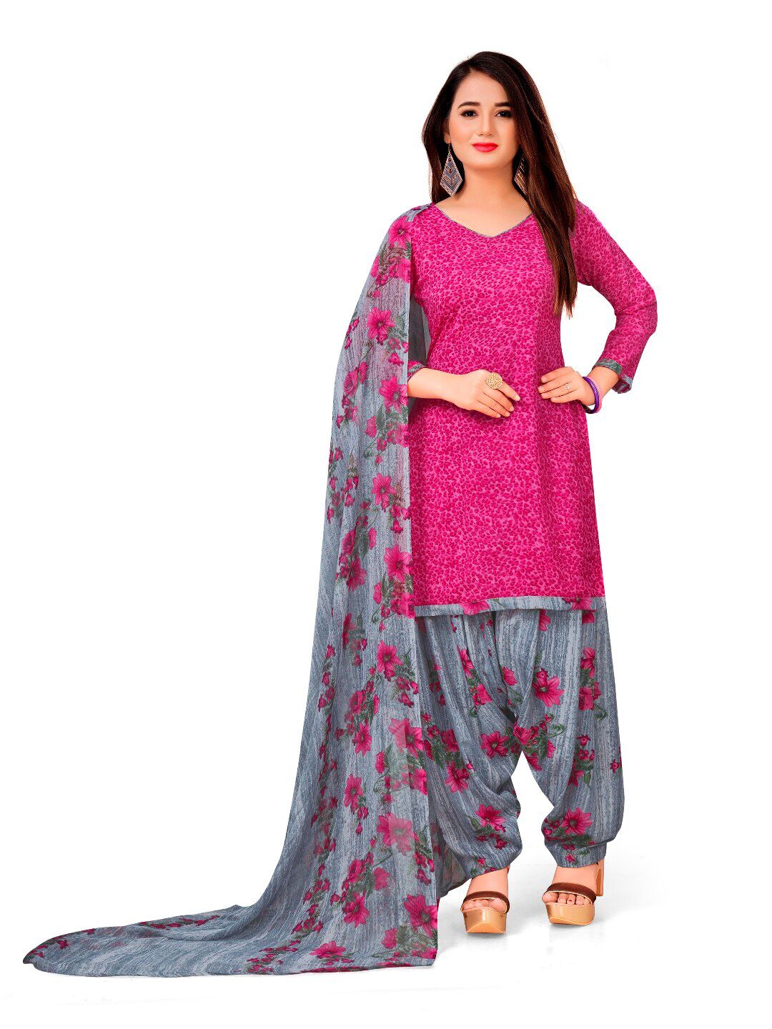 INDIAN HERITAGE Pink & Grey Printed Silk Crepe Unstitched Dress Material Price in India
