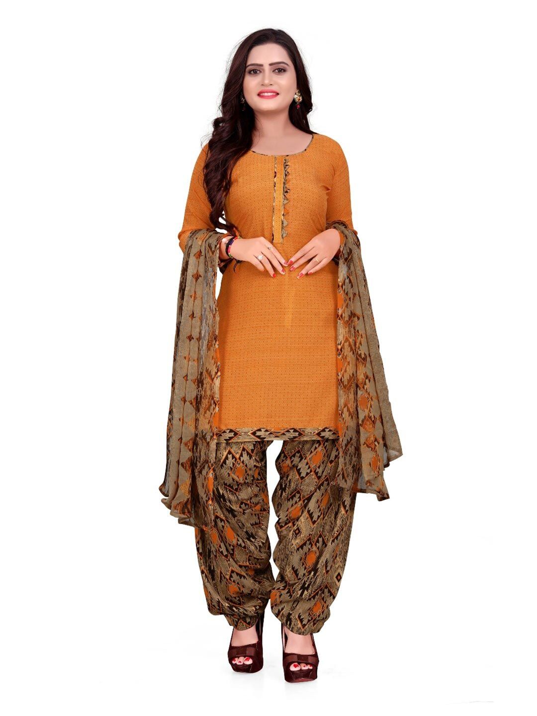 INDIAN HERITAGE Orange & Brown Printed Silk Crepe Unstitched Dress Material Price in India