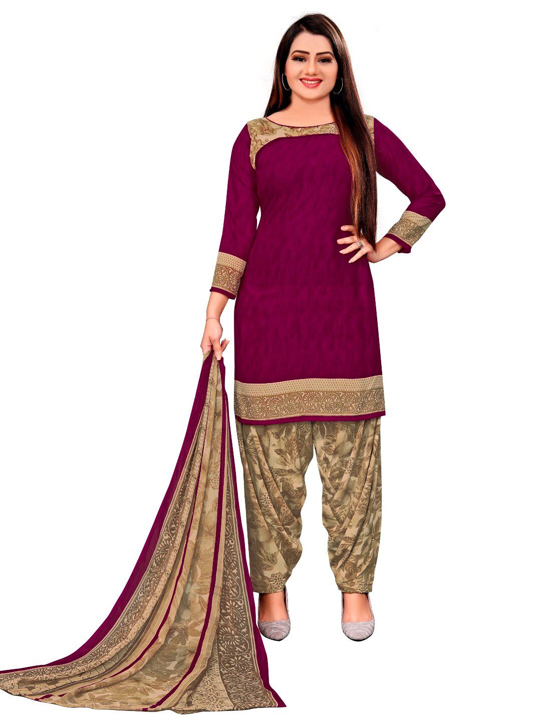 INDIAN HERITAGE Purple & Beige Printed Silk Crepe Unstitched Dress Material Price in India