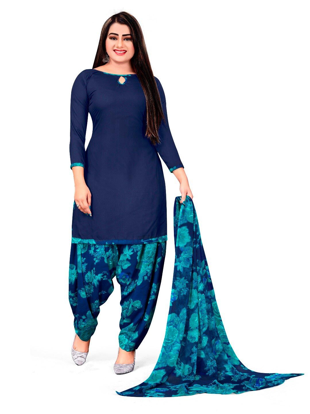 INDIAN HERITAGE Navy Blue Printed Silk Crepe Unstitched Dress Material Price in India