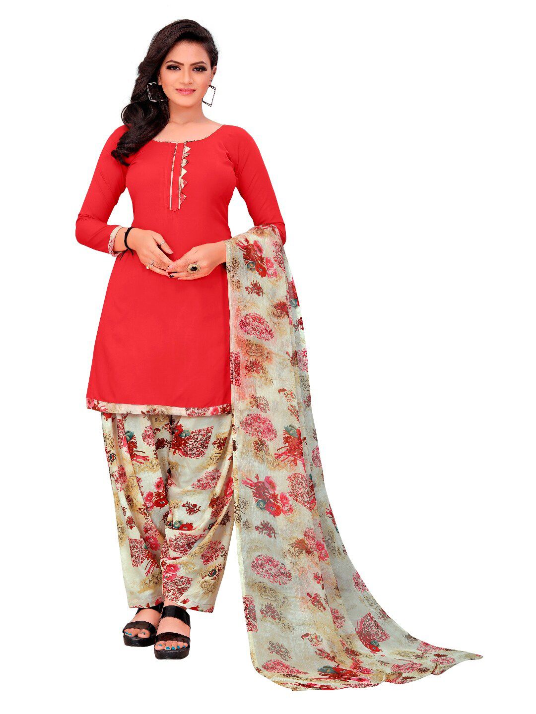 INDIAN HERITAGE Red & Cream-Coloured Printed Silk Crepe Unstitched Dress Material Price in India