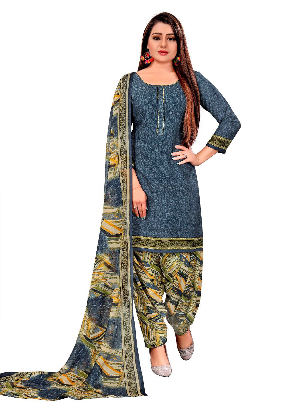 INDIAN HERITAGE Grey & Yellow Printed Silk Crepe Unstitched Dress Material Price in India
