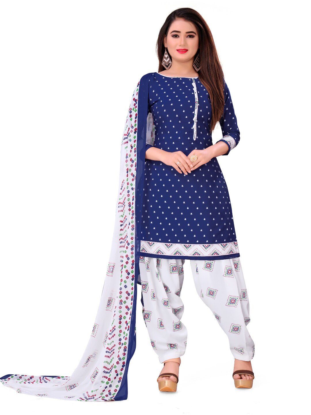 INDIAN HERITAGE Navy Blue & Off White Printed Silk Crepe Unstitched Dress Material Price in India