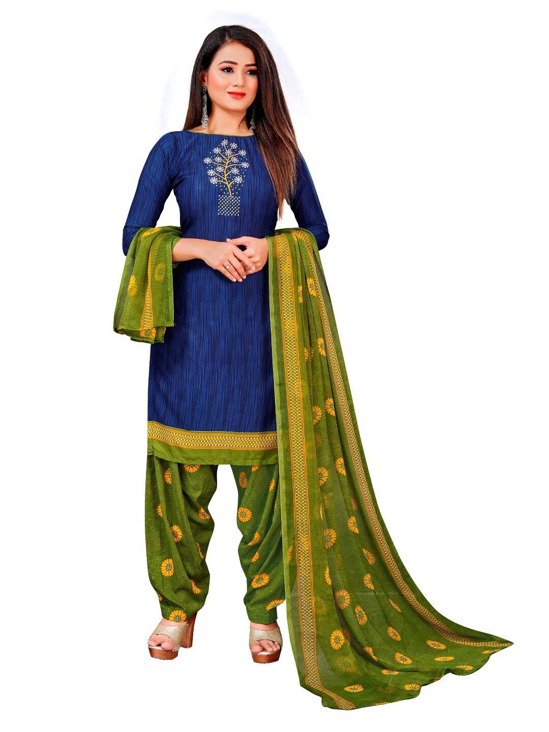 INDIAN HERITAGE Navy Blue & Yellow Printed Silk Crepe Unstitched Dress Material Price in India