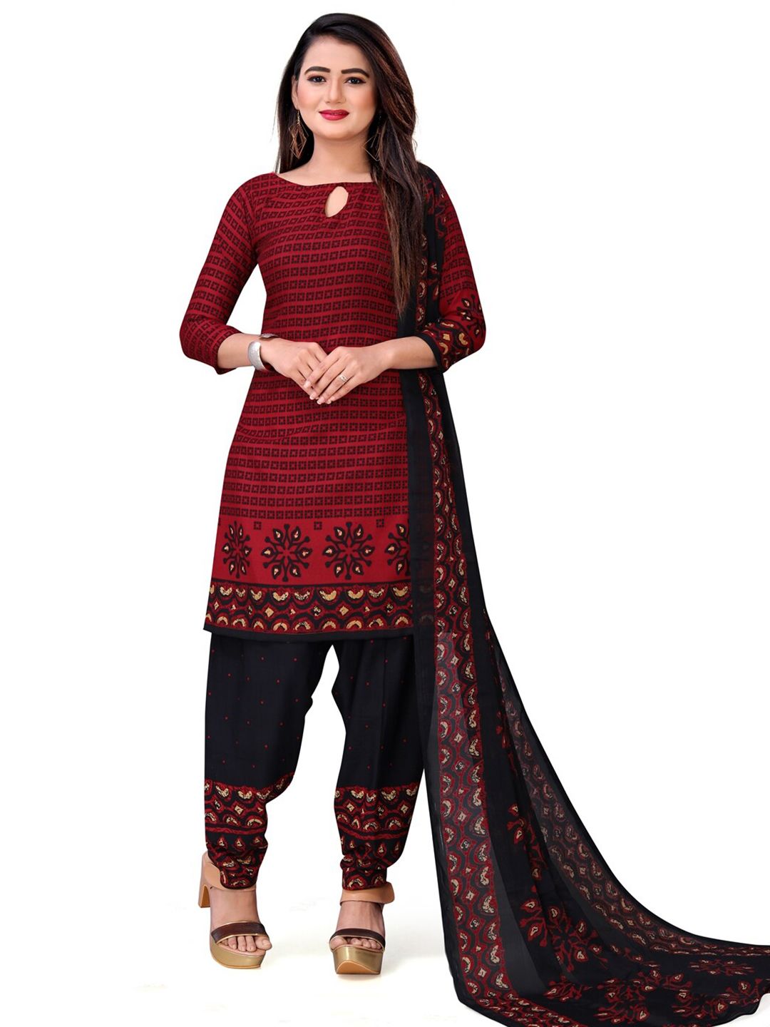 INDIAN HERITAGE Maroon & Black Printed Silk Crepe Unstitched Dress Material Price in India