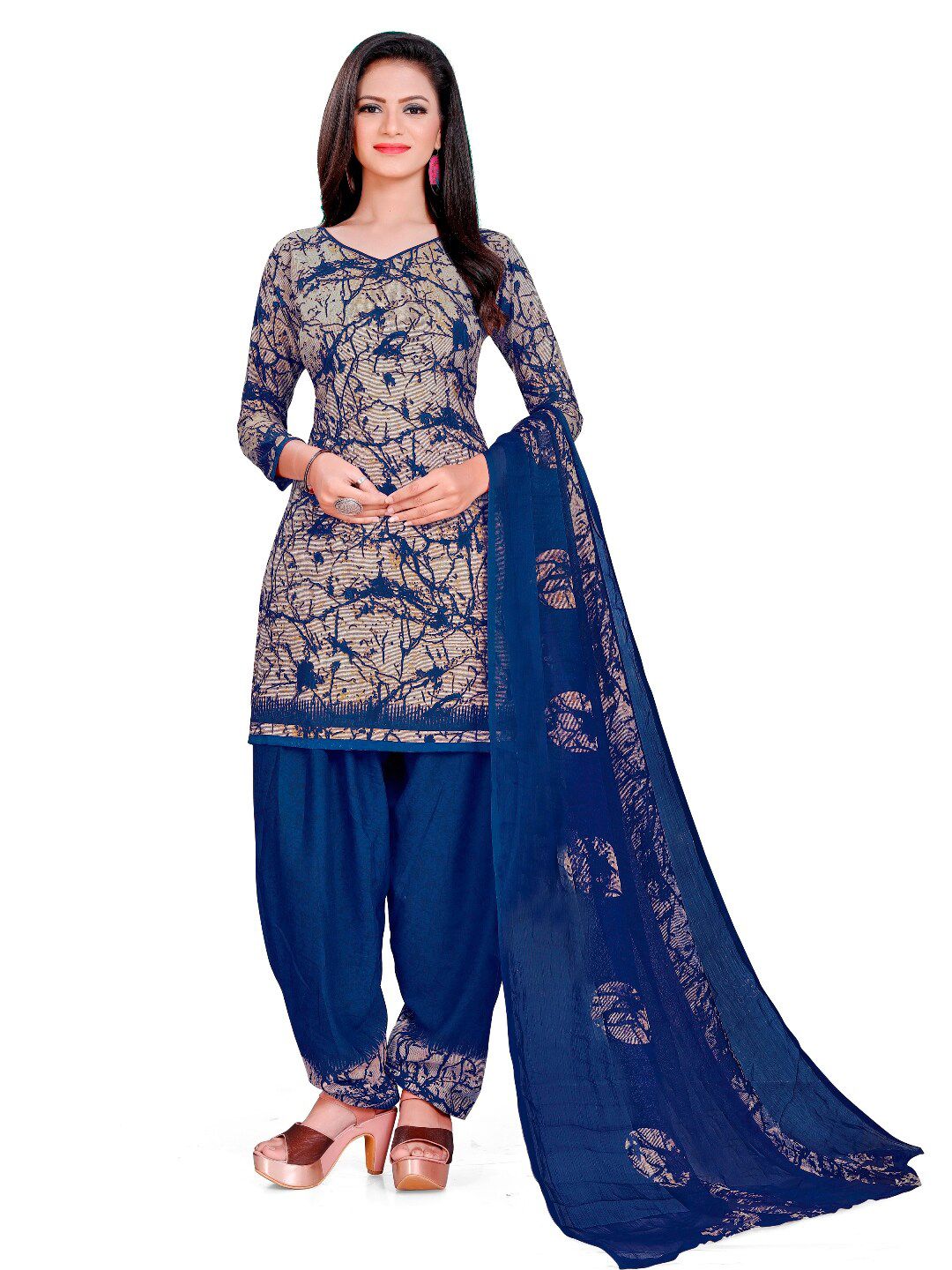 INDIAN HERITAGE Navy Blue & Brown Printed Silk Crepe Unstitched Dress Material Price in India