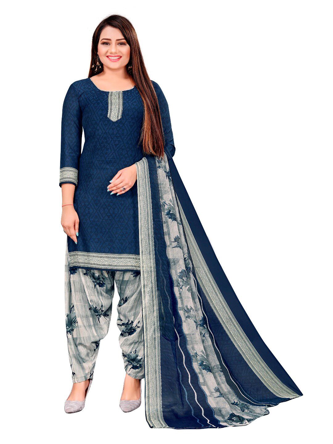 INDIAN HERITAGE Navy Blue & White Printed Silk Crepe Unstitched Dress Material Price in India