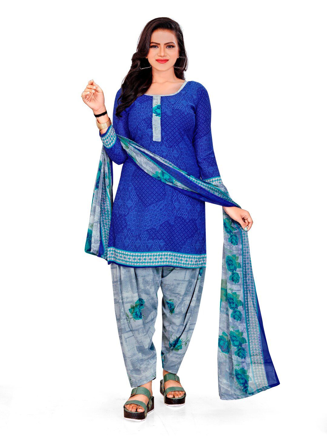 INDIAN HERITAGE Blue & Grey Printed Silk Crepe Unstitched Dress Material Price in India