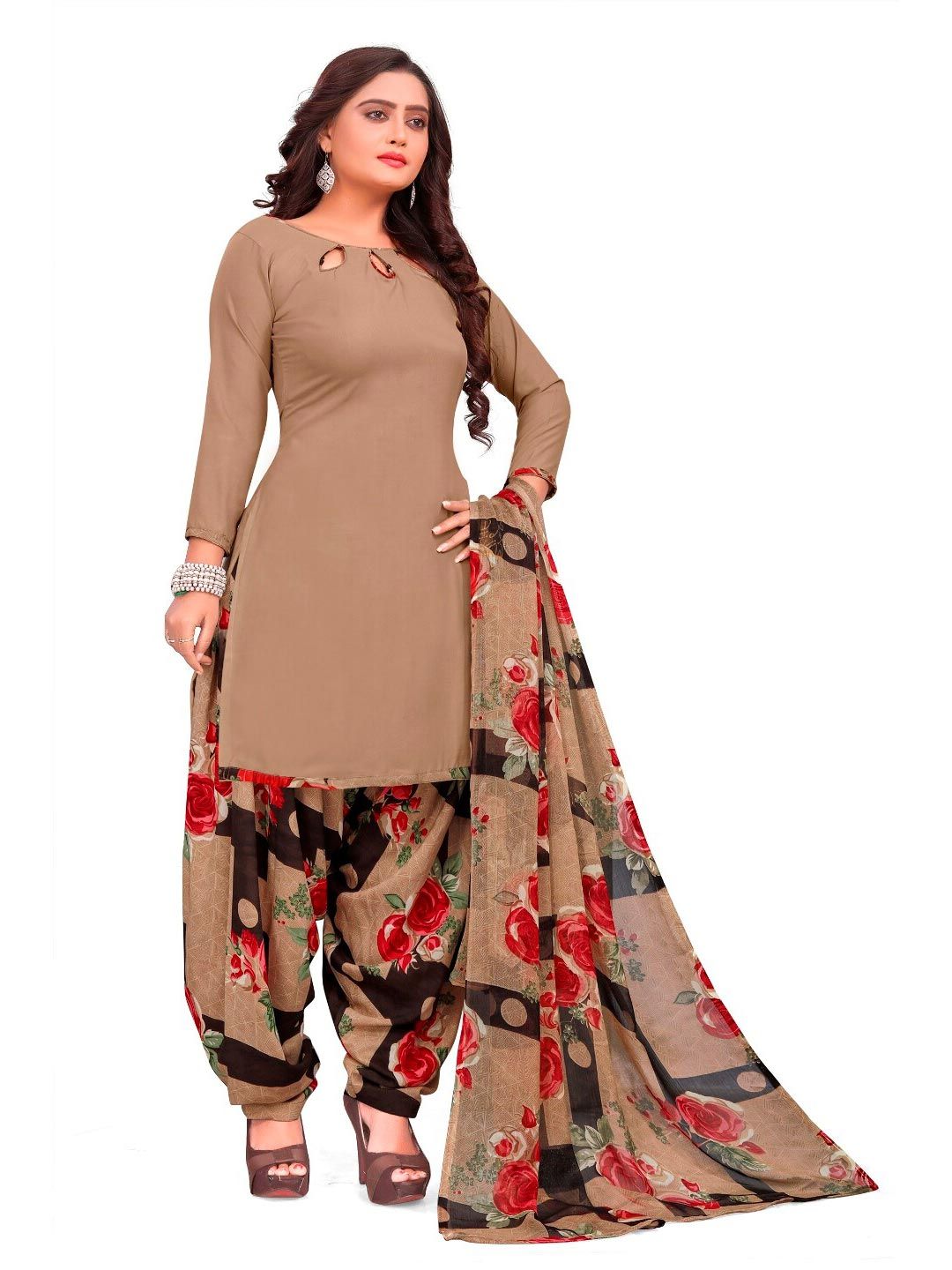 INDIAN HERITAGE Beige & Black Printed Silk Crepe Unstitched Dress Material Price in India